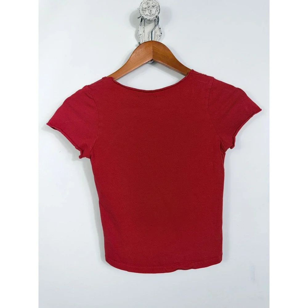 Brandy Melville Top Womens Red Ruched V-Neck Short Sleeve Cotton Baby Tee
